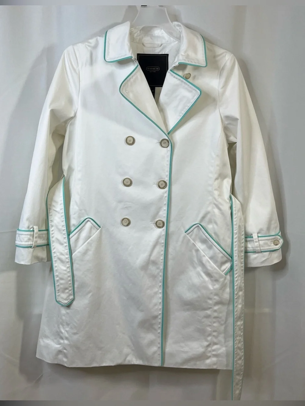 COACH White Signature Canvas Double-Breasted Piping Trench Coat belt Large VTG